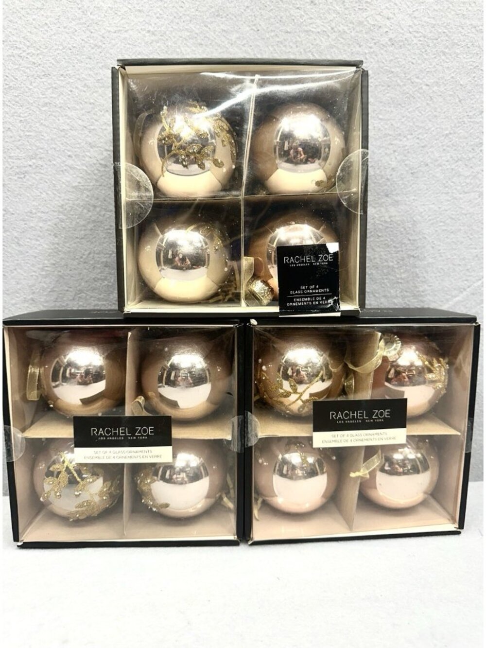 NEW Rachel Zoe 12 Christmas Glass Ornaments Rose Gold Pearl Rhinestone Beaded